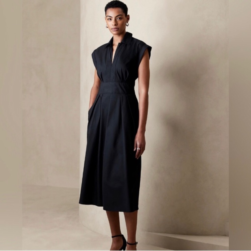 NWOT Black BANANA REPUBLIC Collar-Neck Poplin Midi Dress - Size 14 (Full 12)